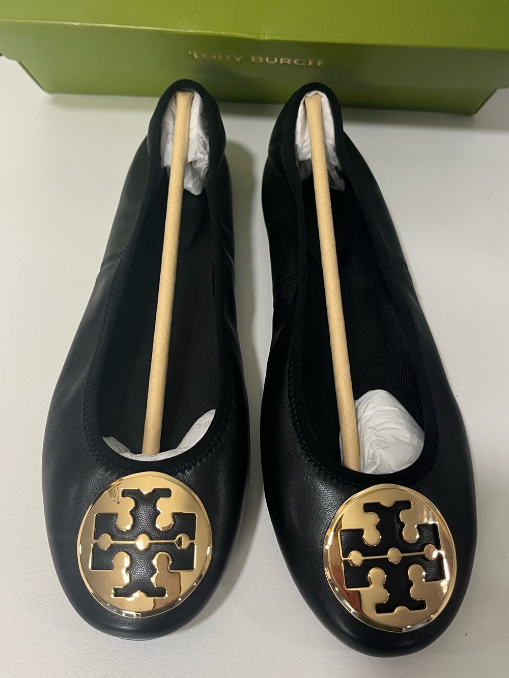 Tory Burch Black Leather Reva Travel Ballet Flats with Gold Logo - NIB